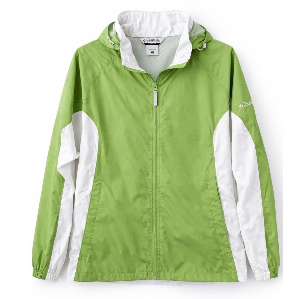 Columbia Womens‎ Packable Windbreaker Jacket Lime Green White Hooded Full Zip M